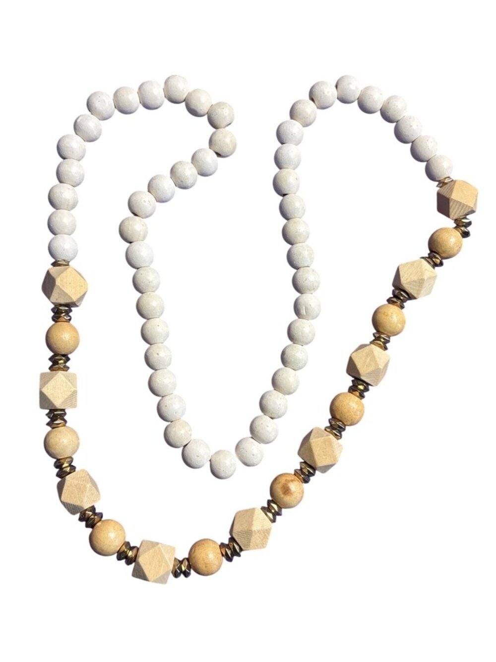 White Beige Tan Wooden Beaded Necklace Goldtone Spacer Beads No Clasp 29 inches